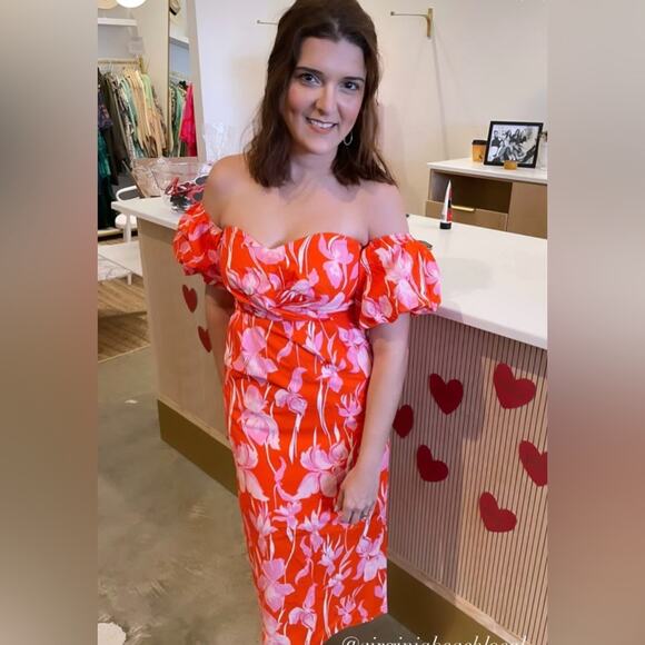 Lena Orange and Pink Floral Off the Shoulder Midi Dress Medium - Picture 6 of 6